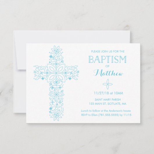 Christening, Baptism Uitnodiging - Blauw Kruis (Voorkant)