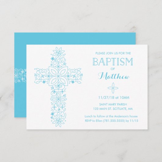 Christening, Baptism Uitnodiging - Blauw Kruis (Voorkant / Achterkant)