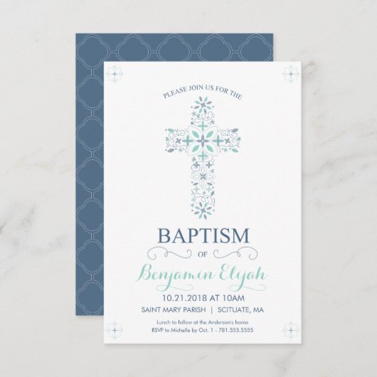 Christening, Baptisme Uitnodiging - Baby Boy Invit (Voorkant / Achterkant)