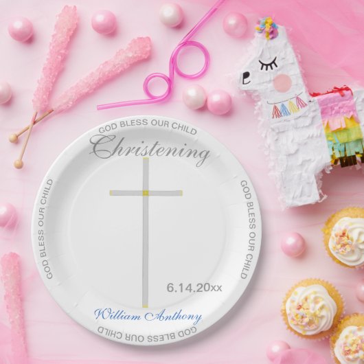 Christening Blue Boy Name Silver Cross Papieren Bordje (Feest)