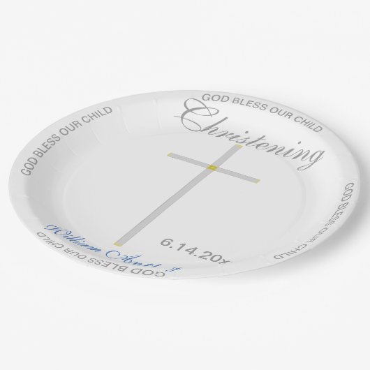 Christening Blue Boy Name Silver Cross Papieren Bordje (Gekanteld)