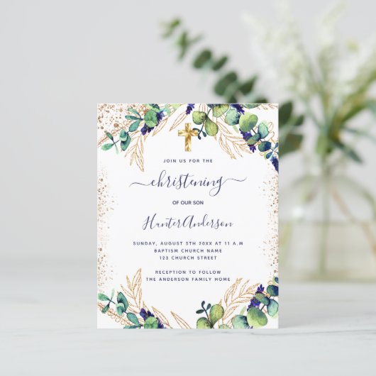 Christening blue eucalyptus greenery-uitnodiging (Staand voorkant)