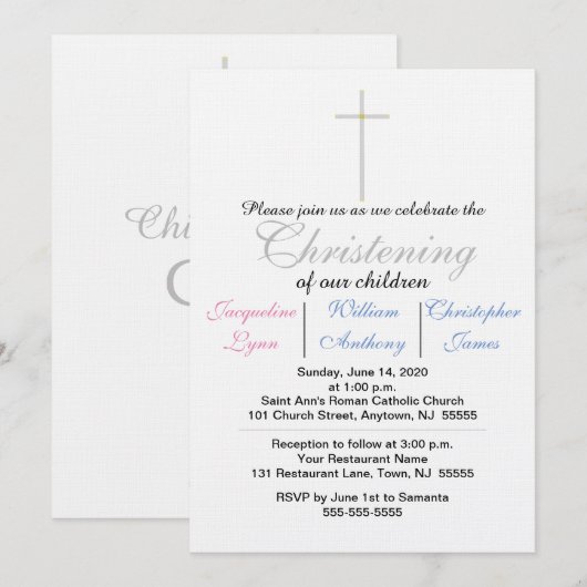 Christening Blue Pink Triplets Kaart (Voorkant / Achterkant)