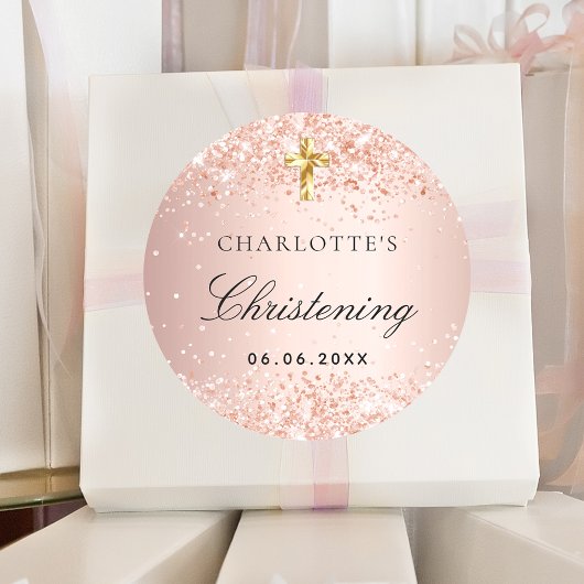 Christening blush roos goudglitter name girl ronde sticker