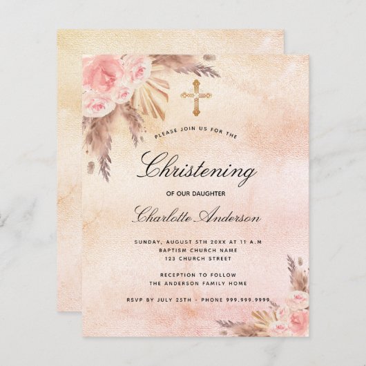 Christening blush roos pampas bloemenuitnodiging (Voorkant / Achterkant)