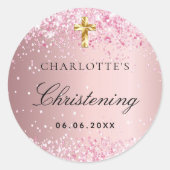 Christening blush roze glitter sparkles ronde sticker (Voorkant)