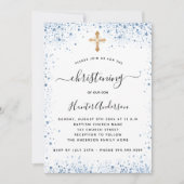 Christening boy blue white gold cross elegant kaart (Voorkant)