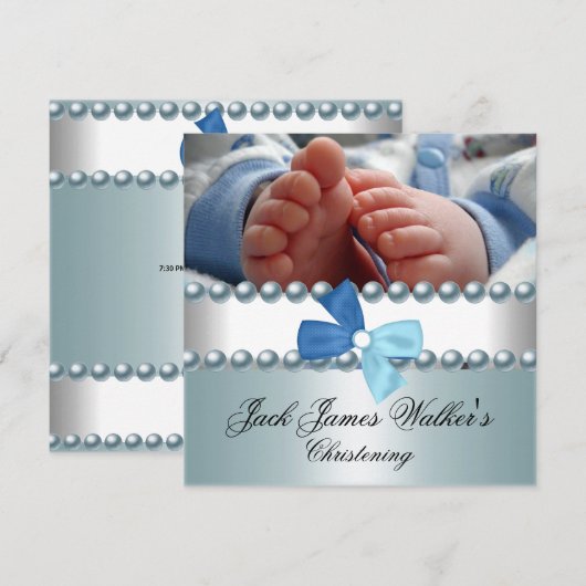 Christening Boy White Blue Pearl Bow Foto Kaart (Voorkant / Achterkant)
