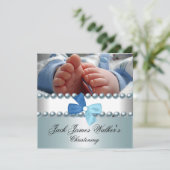 Christening Boy White Blue Pearl Bow Foto Kaart (Staand voorkant)