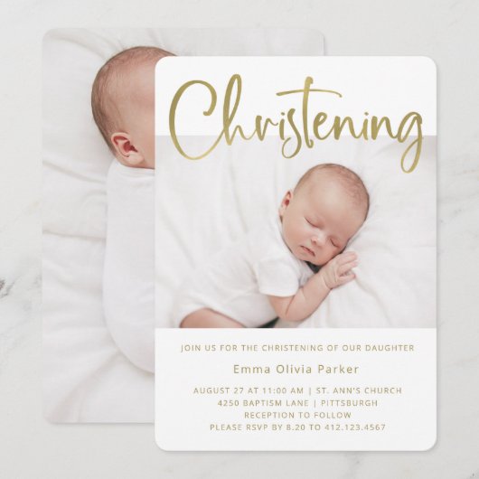 Christening | Eenvoudig minimaal goud met twee fot Kaart (Voorkant / Achterkant)