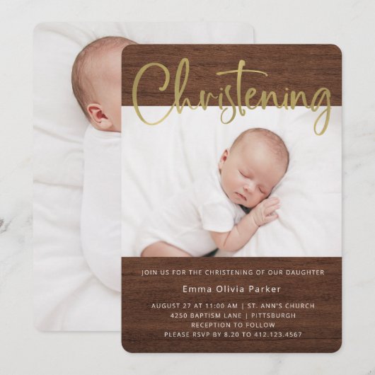 Christening | Eenvoudige foto's van Rustic en Gold Kaart (Voorkant / Achterkant)