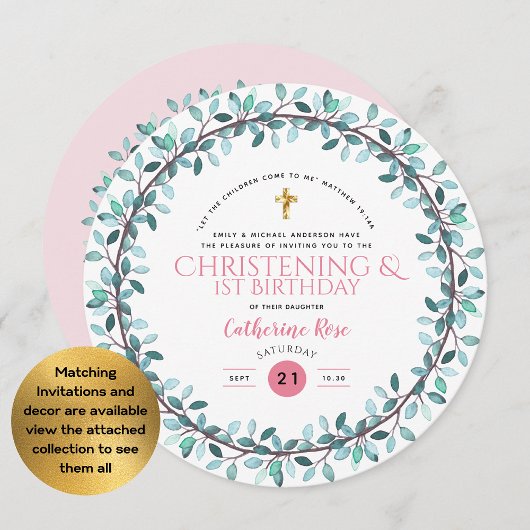 Christening en 1e verjaardag Meisjes Roze Floral Kaart