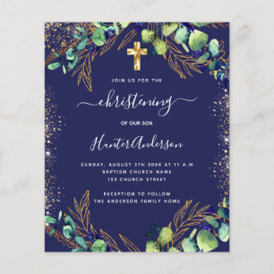 Christening eucalyptus greenery blauwe uitnodiging