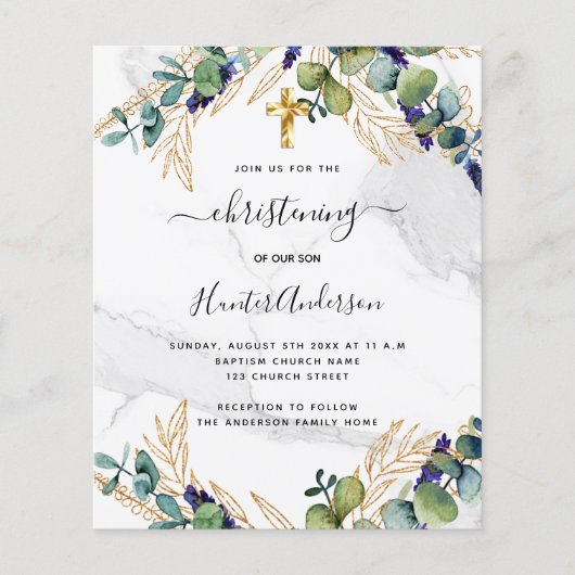 Christening eucalyptus greenery marble-uitnodiging flyer (Voorkant)