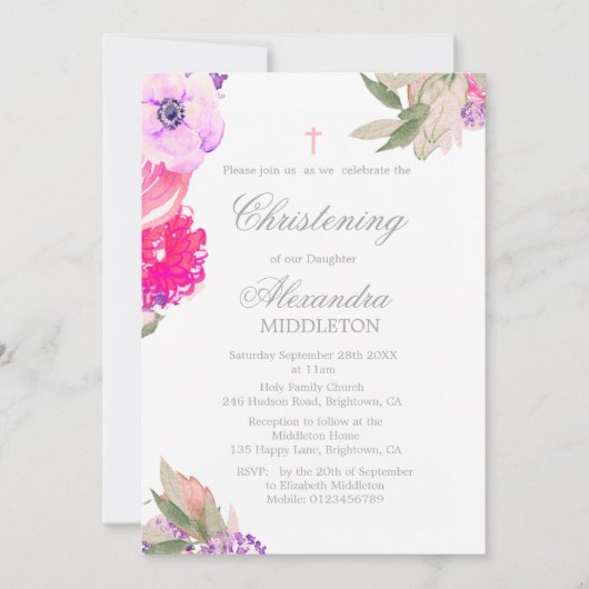 Christening Foto Floral Rozen Uitnodiging (Voorkant)