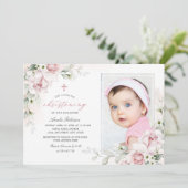 Christening Girls Fotoroze Waterverf Uitnodiging (Staand voorkant)