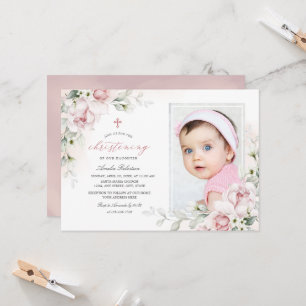 Christening Girls Fotoroze Waterverf Uitnodiging