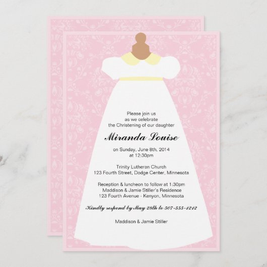 Christening Gown (roze) Baptism Invitation Kaart (Voorkant / Achterkant)
