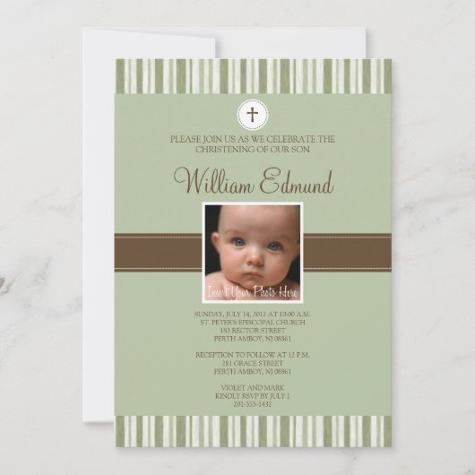 Christening Green Stripe Foto Uitnodiging (Voorkant)