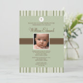 Christening Green Stripe Foto Uitnodiging (Staand voorkant)