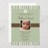 Christening Green Stripe Foto Uitnodiging (Voorkant / Achterkant)