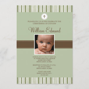 Christening Green Stripe Foto Uitnodiging