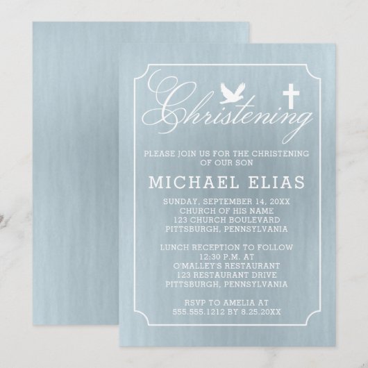 Christening | Jongen Dove en Cross Blue Waterverf Kaart (Voorkant / Achterkant)