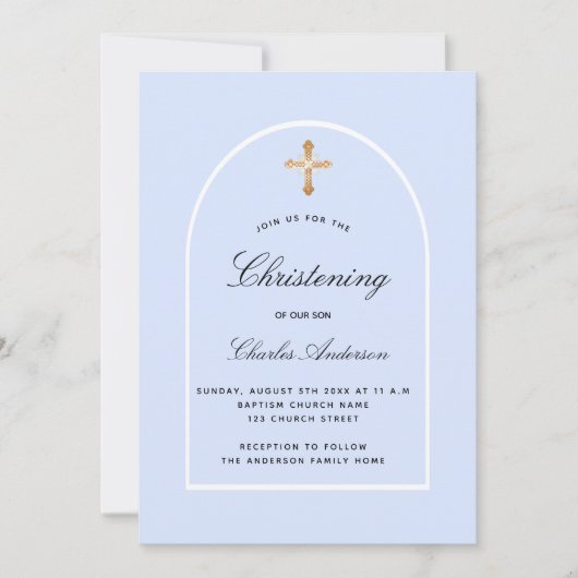 Christening lichtblauwe babybootbots minimalistisc kaart (Voorkant)