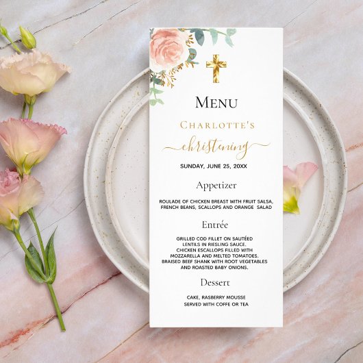 Christening Menu roos gouden zwarte roze florale m