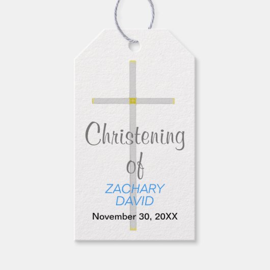 Christening of Name Silver Cross Blue Cadeaulabel (Voorkant)