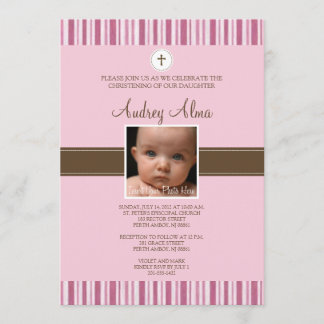 Christening Pink Stripe Foto Uitnodiging - Meisje