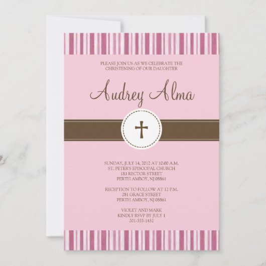 Christening Pink Stripe Uitnodiging - Meisje (Voorkant)