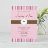 Christening Pink Stripe Uitnodiging - Meisje (Staand voorkant)
