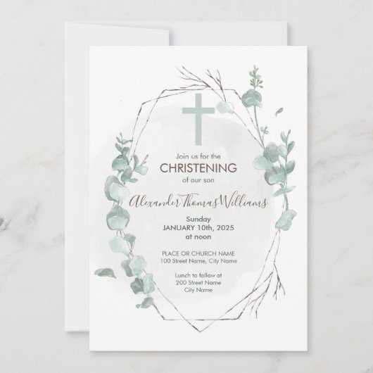 Christening Rustic Eucalyptus Uitnodiging (Voorkant)