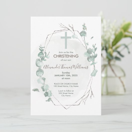 Christening Rustic Eucalyptus Uitnodiging (Staand voorkant)