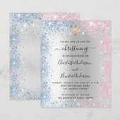 Christening Silver Blue Roze, uitnodiging (Voorkant / Achterkant)