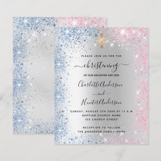 Christening Silver Blue Roze, uitnodiging (Voorkant / Achterkant)