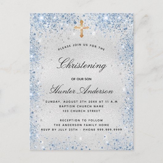 Christening Silver Blue Uitnodiging Briefkaart (Voorkant)