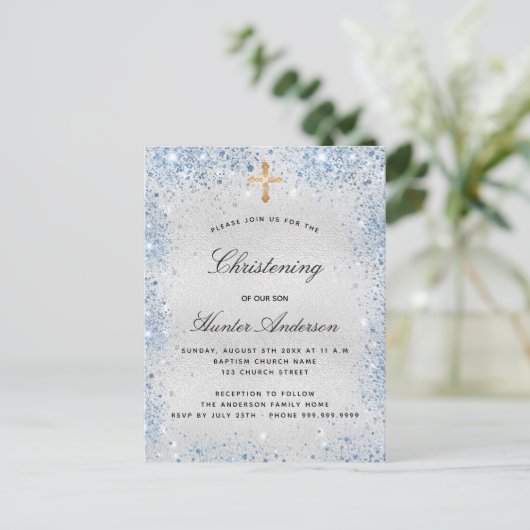 Christening Silver Blue Uitnodiging Briefkaart (Staand voorkant)