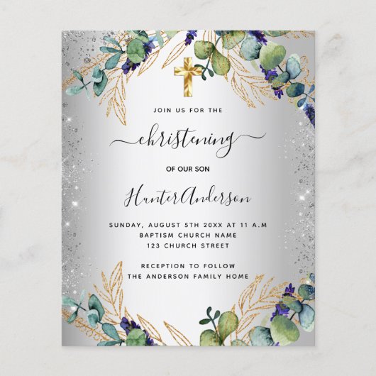 Christening Silver Eucalyptus greenery-uitnodiging Flyer (Voorkant)