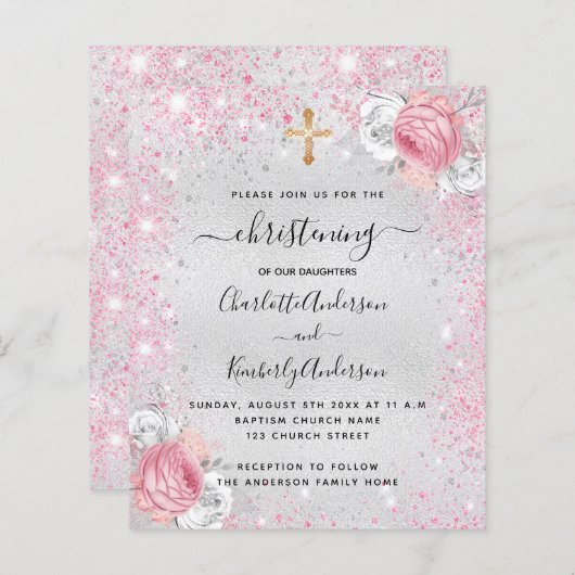 Christening Silver-meisjes tweelinguitnodiging (Voorkant / Achterkant)