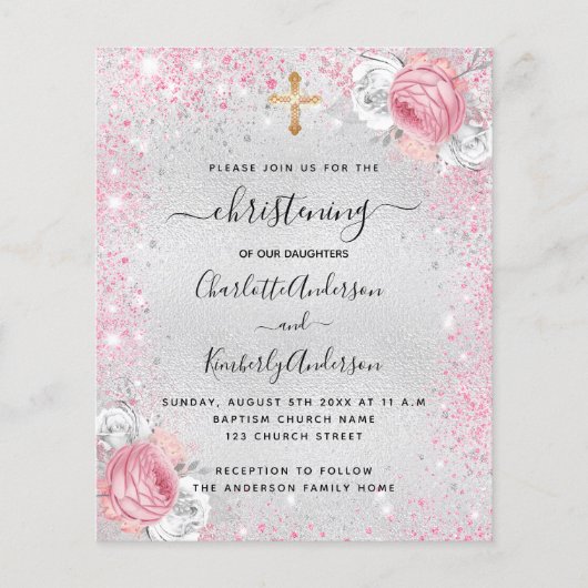 Christening Silver-meisjes tweelinguitnodiging (Voorkant)