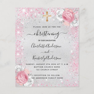 Christening Silver-meisjes tweelinguitnodiging
