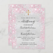 Christening Silver Roze twins-uitnodiging (Voorkant / Achterkant)