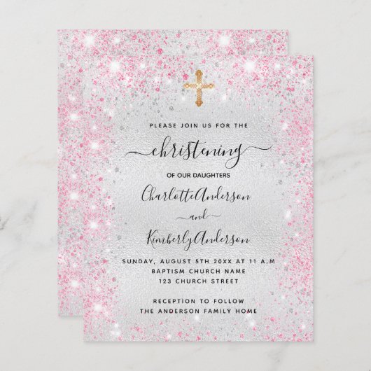 Christening Silver Roze twins-uitnodiging (Voorkant / Achterkant)