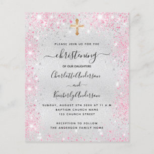 Christening Silver Roze twins-uitnodiging Flyer