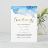 Christening uitnodiging | blauwe waterverf en goud (Staand voorkant)