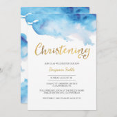Christening uitnodiging | blauwe waterverf en goud (Voorkant / Achterkant)
