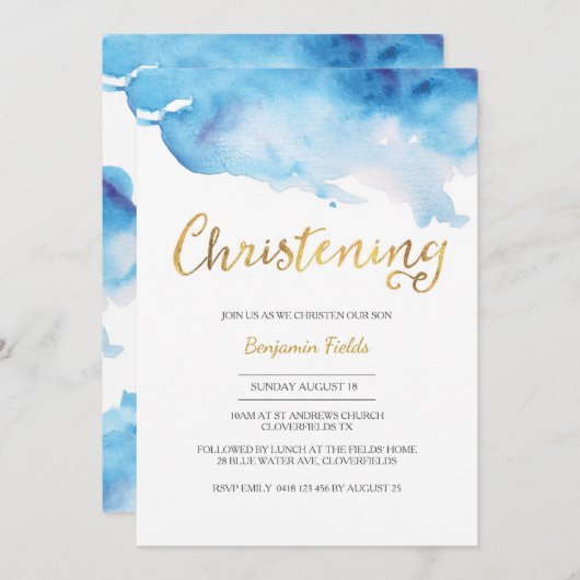 Christening uitnodiging | blauwe waterverf en goud (Voorkant / Achterkant)