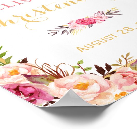 Christening Welkom Sign Elegant Chic Floral Gold Poster (Hoek)
